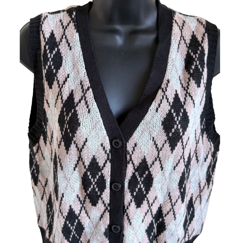 Cottagecore Argyle Knit Sweater Vest Soft Preppy Academia Layering Piece M - Picture 4 of 7